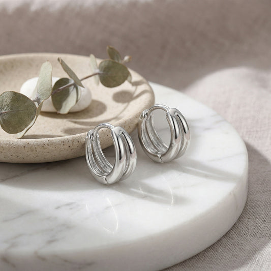 925 Sterling Silver Elegant Silver Triple Band Huggie Hoop Earrings - Minimalist Jewelry for Women